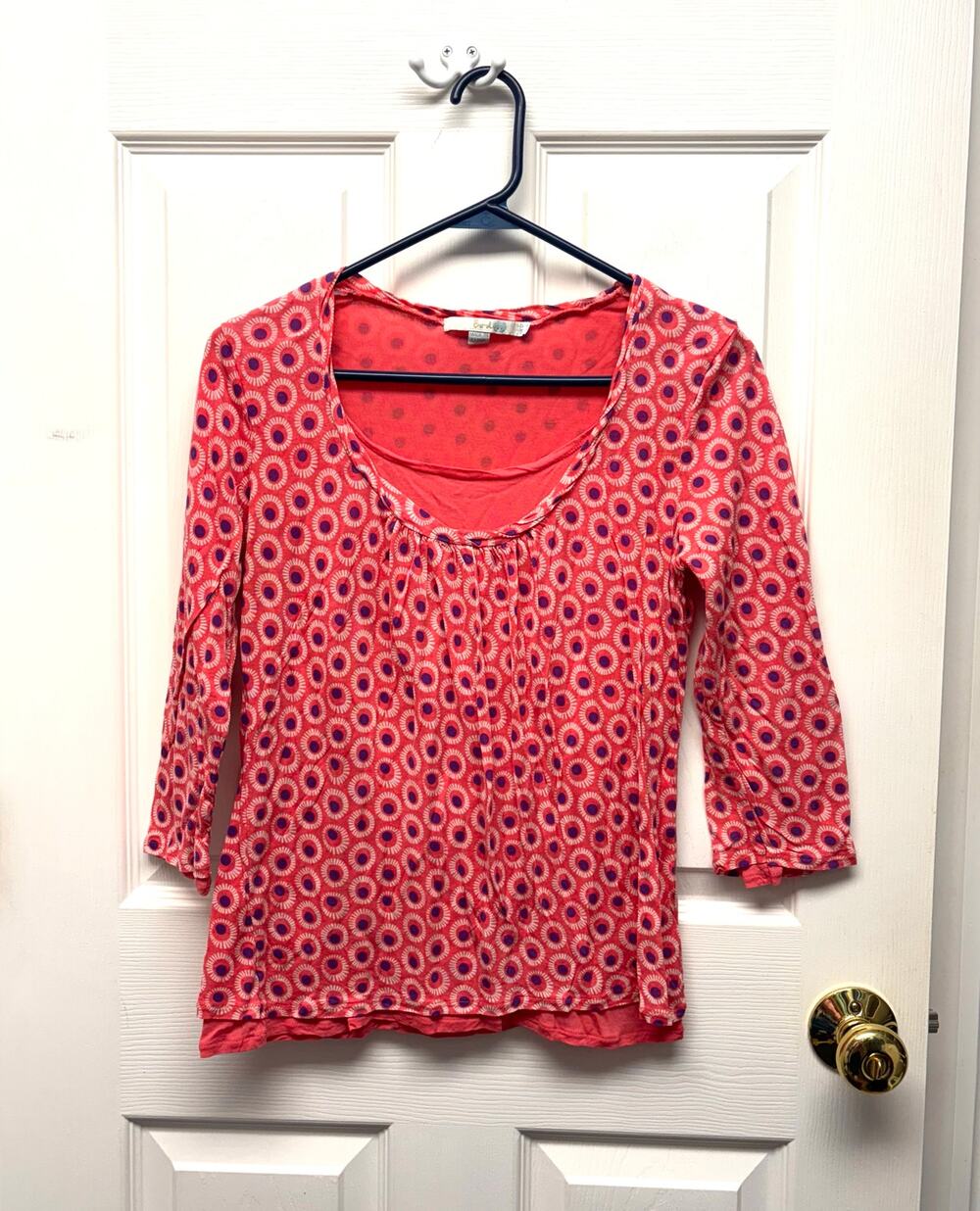 Boden Top Long Sleeve Layered Knit Jersey Scoop Neck Pink Floral Dots Women’s 8